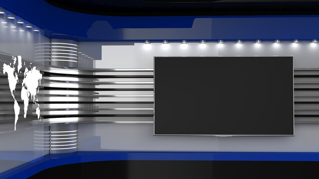 Tv Studio. Backdrop for TV shows. TV on wall. News studio. The perfect backdrop for any green screen or chroma key video or photo production. 3D rendering.