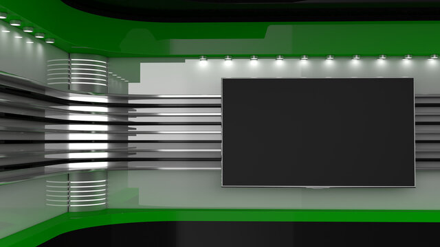 Tv Studio. Backdrop for TV shows. News studio. The perfect backdrop for any green screen or chroma key video or photo production. 3D rendering.