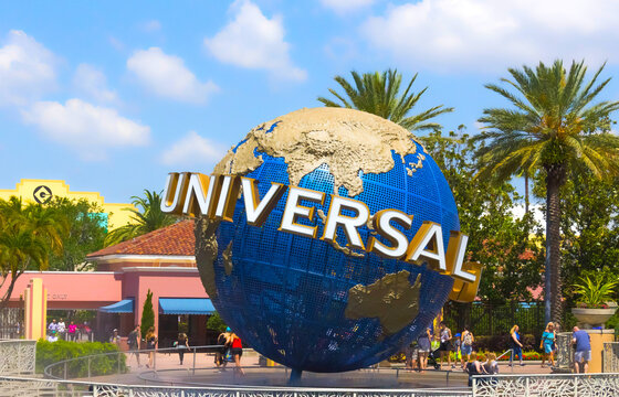 Orlando, USA - May 8, 2018: The large rotating Universal logo globe on May 9, 2018.