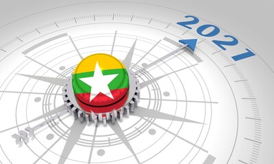 New Year greeting card template. 2021 year number. 3D rendering. Flag of the Myanmar