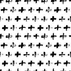 Black crosses vector seamless pattern. Hand drawn cross and plus sign. Black paint brush strokes geometrical pattern for wallpaper, web page background, textile design, graphic design.  - obrazy, fototapety, plakaty