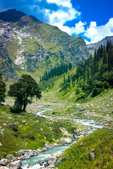 Fototapeta na wymiar Beautiful waterfalls flowing among the litigants, flowing in Parvati valley on a trek to Hamta Pass, 4270 m on the Pir Panjal range in the Himalayas.