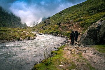 The river flowing in Parvati valley on trek to Hamta Pass, 4270 m on the Pir Panjal range in the Himalayas. It is a corridor between Lahaul's Chandra Valley and Kullu valley of Himachal Pradesh, India