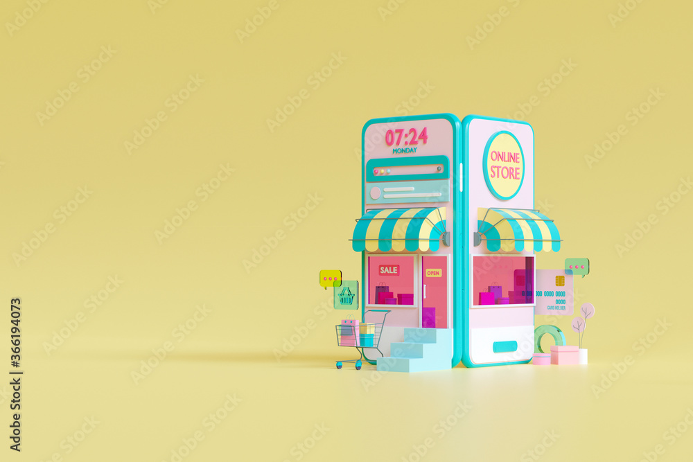 Poster shopping on-line online store on website mobile application 3d rendering.