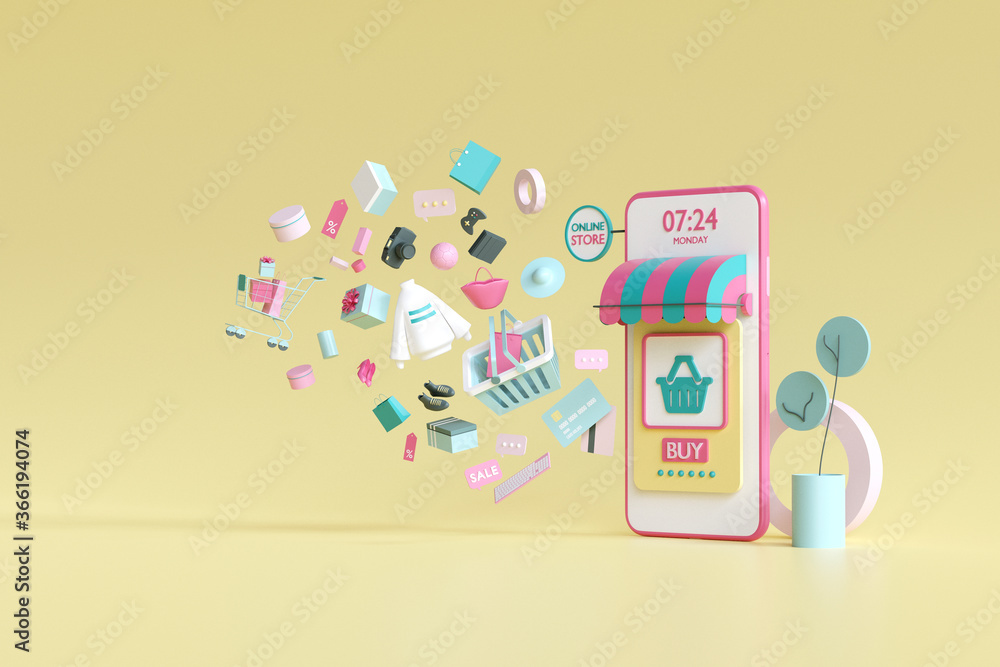 Poster shopping on-line online store on website mobile application 3d rendering.