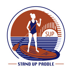 A woman stands up on a paddle board in the sea at sunset or sunrise. Vector illustration, isolated silhouette. SUP surf school, paddleboarding sign logo.