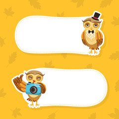 Cute Owls with Place for Your Text Set, Funny Birds Characters with Speech Bubbles Cartoon Vector Illustration