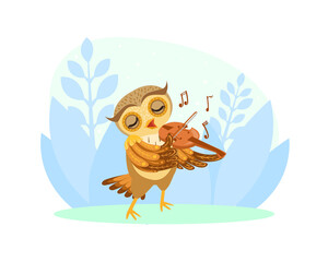 Adorable Owl Bird Character Playing Violin Cartoon Vector Illustration