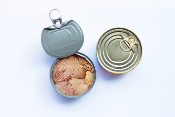 Canned tuna fish on white background.