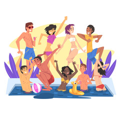 Obraz premium Swimming Pool Party, Happy Young Men and Women Having Fun Outdoors, Drinking and Cocktails Cartoon Style Vector Illustration