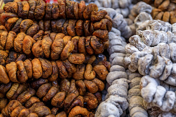 Dried sugar coated figs for sale in at an outdoor farmer's market in old town Kotor, Montenegro