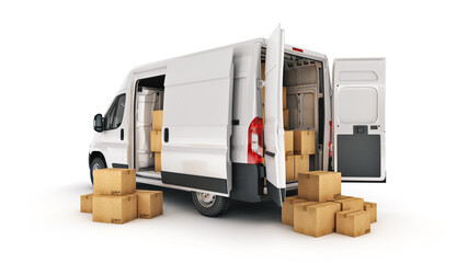 commercial delivery vans with cardboard boxes. 3d rendering