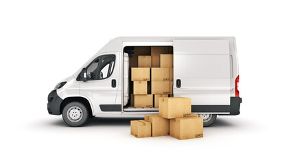 commercial delivery vans with cardboard boxes. 3d rendering