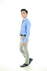 Confidence and business concept. Portrait of charming successful young entrepreneur in blue-collar shirt, smiling broadly with self-assured expression isolated White Background. Indonesian People