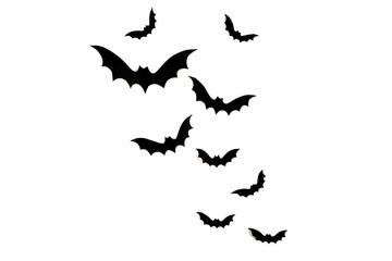 Halloween mock up concept.  Flying black paper bats on white background