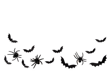Halloween mock up concept.  Flying black paper bats and spiders on white background