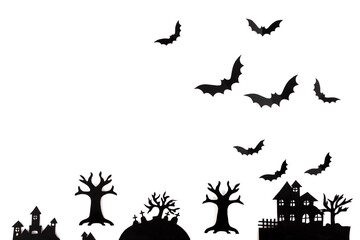 Halloween background. Paper art. Abandoned village in a misty forest