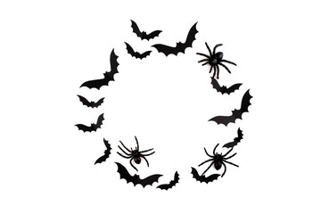 Halloween mock up concept.  Flying black paper bats and spiders on white background. Round frame