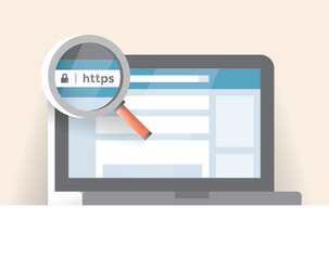 Laptop computer secured https web address screen. Concepts: Internet security, anonymity, shopping personal information data protection, VPN, firewall, guard, privacy, safety, software, Google Chrome