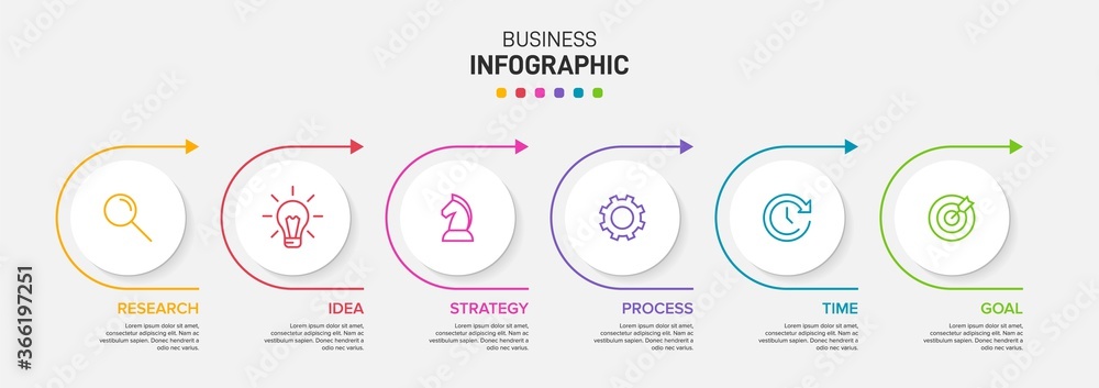 Poster concept of arrow business model with 6 successive isometric steps. six colorful graphic elements. ti