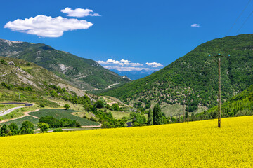 Wide angle view of a french rural valley, with a yellow field of rape flowers in the foreground,...