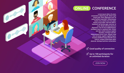 Flat isometric design concept of video online conference. meeting work form home. Woman sitting at the table in front of laptop and chatting online. Online Study or work banner. Vector