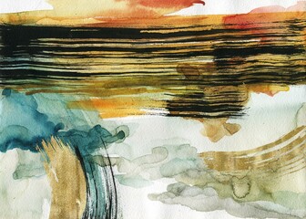 Watercolor background with gold brushctrokes - 366197833