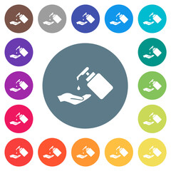 Hand washing with liquid soap flat white icons on round color backgrounds