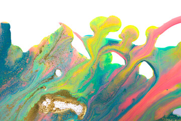 Colorful mixed inks splattered on white paper background. Copyspace.