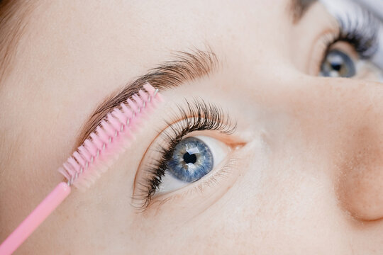 Eyelash extension procedure. Woman master combs lashes fake