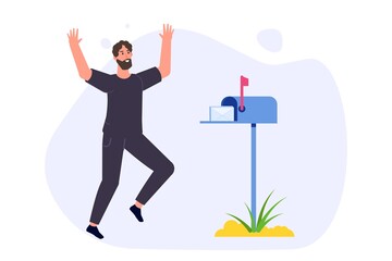 Happy Man is standing nearby mailbox and got letter. Vector illustration