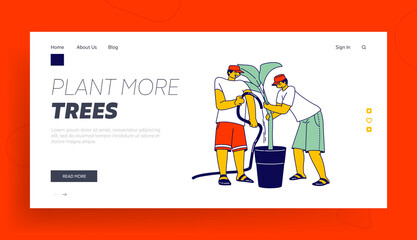 Obraz na płótnie Canvas Workers Characters Watering Palm Trees on Banana Plantation in Tropical Country Landing Page Template. Labourers Working