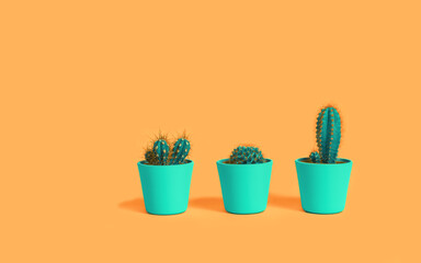 Three different cacti in green pots on pastel terracotta orange background. Environment friendly summer or spring time minimal design concept with copy space