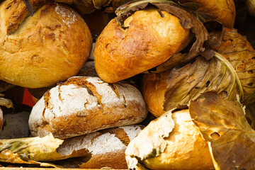 Many rustic fresh bread loaves