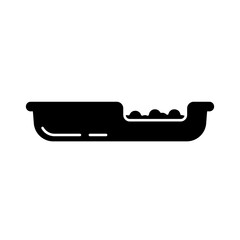 Silhouette Cat tray with side and entrance. Outline icon of yoilet filler, pet cleaning. Black illustration of animal poop in sandbox. Flat isolated vector pictogram, white background