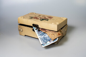 small carved box with old coins