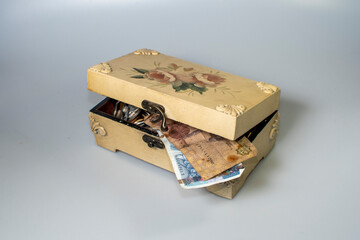 small carved box with old coins