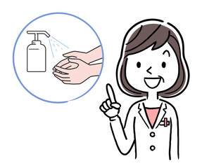 Vector material: Middle-aged female doctor explaining the importance of disinfection