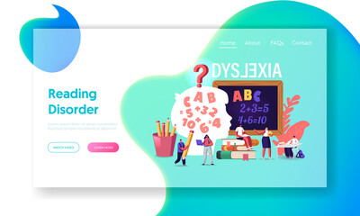 Children with Dyslexia Disorder Landing Page Template. Kids Characters Study Listen Teacher in Class front of Blackboard - obrazy, fototapety, plakaty