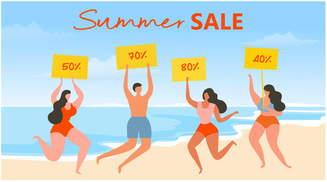 Summer sale banner concept. people holding banner discount 40%,50%, 70%, 80% banner sale on the beach holidays concept background