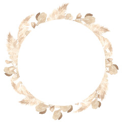 Watercolor wedding wreath of pampas grass and eucalyptus twigs. Round frame. Perfect for print design, textile, web design, photo albums, scrapbooking and many other creative fields.