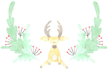 Christmas watercolor frame with funny deer. Perfect for printing, textile, web design, photo albums, scrapbooking, souvenirs and many other creative ideas.