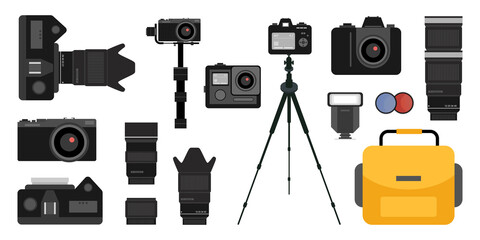 Set of Digital Single Lens Reflex camera ,action camera, flash, tripod, lens and tool box. Designed in flat elements style isolated on white background