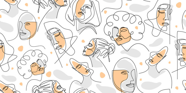 Seamless pattern of abstract woman face in minimalism style. Seamless background for textiles, fabrics, covers, wallpapers, print, gift wrapping