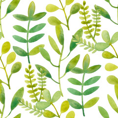 Green floral pattern on white background. Watercolor print. Seamless texture. Elegant template for fashion prints. Hand-drawn illustration