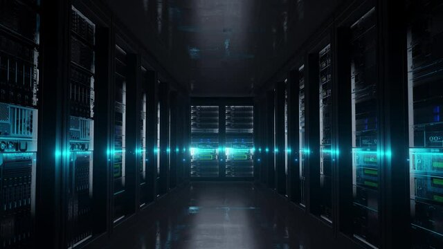 Cloud data server panels in a server room of a data center with security scanner. Dolly Shot in 4K High Quality Animation