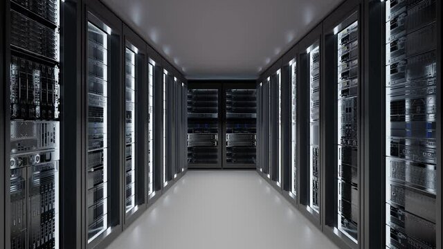 Cloud data server panels in a server room of a data center. Dolly Shot in 4K High Quality Animation