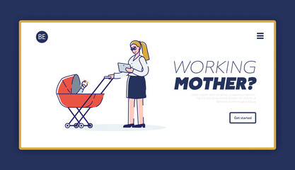 Working mother landing page template. Busy business woman with newborn baby in pram