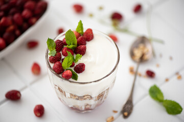 homemade granola with greek yogurt and wild strawberrys