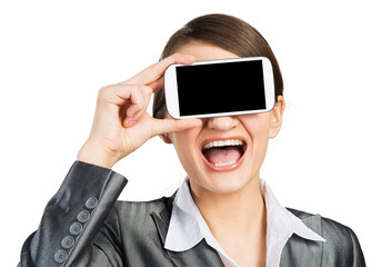 Woman covering her eyes with smartphone